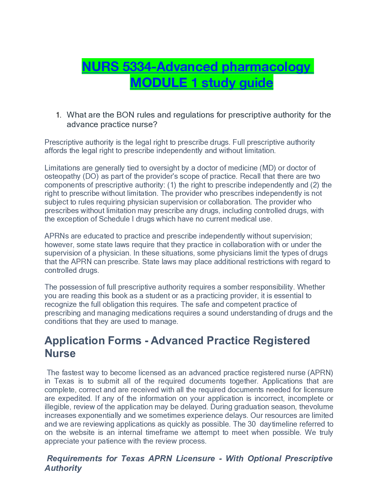Preview of NURS 5334-Advanced pharmacology MODULE 1 study guide